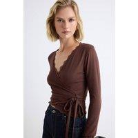 WOVCOR Women's Fitted Wrap Neckline Long Sleeve Lace Detail Crop Blouse in Brown | Size: XS