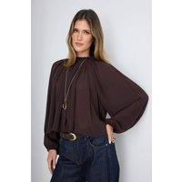 WOVCOR Women's High Neck Raglan Sleeve Gathered Oversized Woven Blouse in Brown