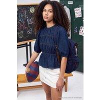 WOVCOR Women's Balloon Sleeve Stitch Detail Crew Neck Denim Blouse in Navy | Size: Medium