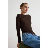 WOVCOR Women's Fitted Boat Neck Long Sleeve Lace Detail Ribbed Blouse in Brown | Size: Small