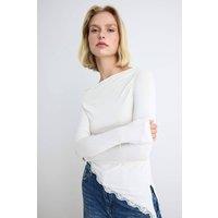 WOVCOR Women's Fitted Boat Neck Long Sleeve Lace Detail Ribbed Blouse in Ecru | Size: Small