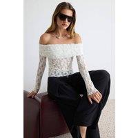 WOVCOR Women's Fitted Carmen Neck Long Sleeve Lace Knit Blouse in Ecru | Size: XL