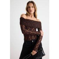 WOVCOR Women's Fitted Carmen Neck Long Sleeve Lace Knit Blouse in Brown | Size: Medium