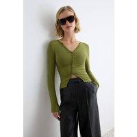 WOVCOR Women's Fitted V Neck Button Front Long Sleeve Blouse in Khaki | Size: Medium