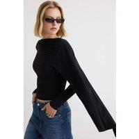 WOVCOR Women's Fitted Boat Neck Cape Detail Long Sleeve Blouse in Black | Size: Medium