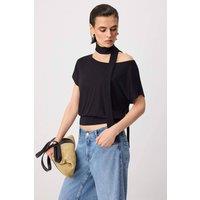 WOVCOR Women's Boat Neck Batwing Sleeve Belted Knit Blouse in Black | Size: XS