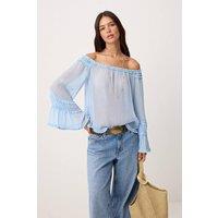 WOVCOR Women's Carmen Neck Ruffle Detail Sheer Woven Blouse in Baby Blue