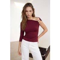 WOVCOR Women's Asymmetric Neckline One Sleeve Fitted Blouse in Aubergine | Size: Small