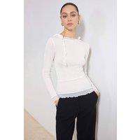 WOVCOR Women's Transparent Fitted Long Sleeve Frill Detail Textured Knit Blouse in Ecru | Size: XS