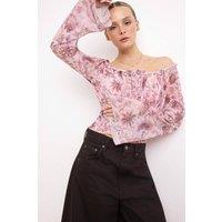 WOVCOR Women's Pool Neck Spanish Sleeve Gathered Crop Mesh Top | Size: Large