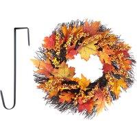 Garden Sanctuary Lighted Maple Leaves Rattan Wreath with Berries Autumn Decor in Orange