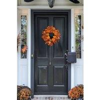 Garden Sanctuary Lighted Maple Leaves Rattan Wreath with Berries Autumn Decor in Orange