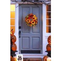 Garden Sanctuary Prelit Autumn Wreath with Artificial Maple Leaves & Sunflowers in Orange