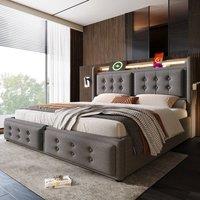 Rolipo 5FT King Size Grey Linen Ottoman Storage Bed with LED & USB Ports | Size: Double