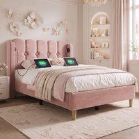 Rolipo Pink Velvet 3FT Single Bed Frame with USB & Type-C Charging | Size: Double