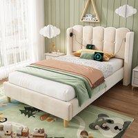 Rolipo Beige Velvet 3FT Single Bed Frame with USB Charging | Size: Double