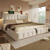 Rolipo 4FT6 Beige Linen Ottoman Storage Double Bed with LED & USB