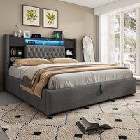 Rolipo 6ft Super King Grey Linen Ottoman Bed with LED & Charging Station | Size: Double