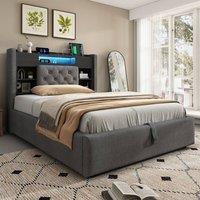 Rolipo 4ft6 Grey Upholstered Ottoman Double Bed with LED & Charging Station