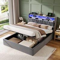 Rolipo 4ft6 Double Bed Grey Velvet Ottoman Storage with LED & USB