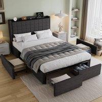 Rolipo Grey Linen 4ft6 Double Storage Bed with 4 Drawers & Charging Port