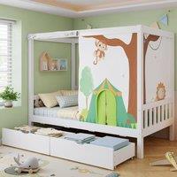 Rolipo 3ft Single White Wooden Bed with 2 Drawers & Green Curtains | Size: Double
