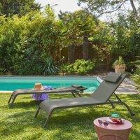 sweeek Set of 2 multi-position steel sun loungers with cushion & wheels in Khaki
