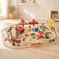 STILVORA 133-Piece Wooden Train Set with Crane & Storage Box