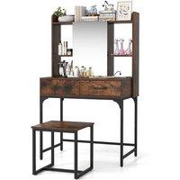 KORVIXA Bedroom Vanity Desk with Mirror & Stool in Brown | Size: 100 cm x 100 cm