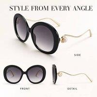 BluCore Oversized Round Sunglasses, Glossy Black Frame with Pearl Ornament