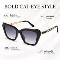BluCore Cat Eye Sunglasses, Oversized Square Fashion Sunglasses in Black