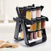 Kelvenix 18 Jar Revolving Spice Rack w/ Glass Bottles in Black | Size: 0.6m2