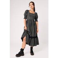 Hell Bunny Women's Morelle Dress Tartan Lace Trim Puff Sleeve Maxi Dress in Navy | Size: 2XL