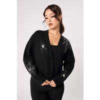 Hell Bunny Women's Spooked Black Spider Web Embroidered Oversized Cropped Cardigan | Size: 2XL