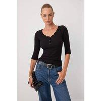 WOVCOR Women's Fitted V Neck Button Front Ribbed 3/4 Sleeve Blouse in Black | Size: Small