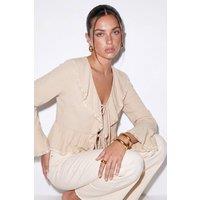 WOVCOR Women's V Neck Long Sleeve Tie Front Lace Detail Blouse in Stone | Size: Large