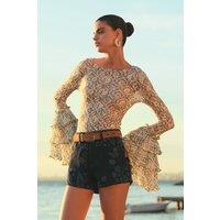 WOVCOR Women's Fitted Crop Ruffle Sleeve Lace Blouse | Size: Small