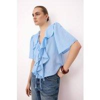 WOVCOR Women's V Neck Tie Front Frill Detail Short Sleeve Blouse in Baby Blue | Size: 14