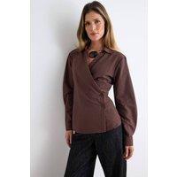 WOVCOR Women's Asymmetric Button Detail Regular Fit Long Sleeve Shirt in Brown | Size: 6