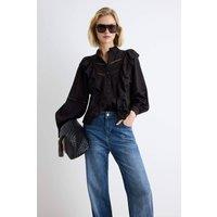 WOVCOR Women's Ruffle Detail Boho Long Sleeve Shirt in Black | Size: 10