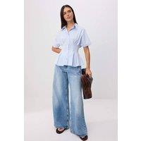 WOVCOR Women's Pleated Detail Fitted Short Sleeve Shirt in Light Blue | Size: 6