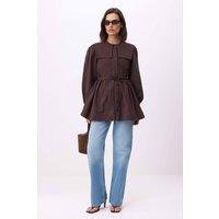 WOVCOR Women's Bebe Collar Long Sleeve Belted Oversize Shirt in Brown | Size: 6