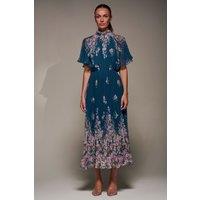 Jolie Moi Women's High Neck Short Sleeve Pleated Chiffon Dress in Teal | Size: 14
