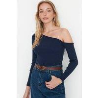 WOVCOR Women's Asymmetrical Ribbed Knit Top With One-Shoulder Drape Detail in Navy | Size: Small