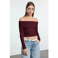 WOVCOR Women's Off-Shoulder Carmen Collar Crop Knit Top in Burgundy | Size: Medium