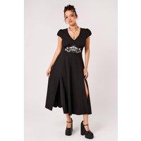Hell Bunny Women's Interlude Black Moth Embroidered Lace Trim Puff Sleeve Midi Dress | Size: 2XL