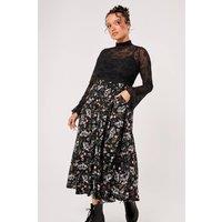 Hell Bunny Women's Chrysalis Black Moth Floral Celestial Print Sweetheart Midi Skirt