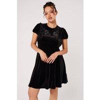 Hell Bunny Women's Celeste Black Velvet Moon Sun Embroidered Frill Neck Mini Dress