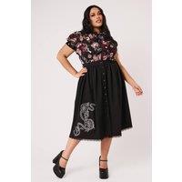 Hell Bunny Women's Forbidden Black Snake Floral Embroidered Gathered Midi Skirt