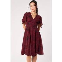Hell Bunny Women's Venom Burgundy Snake Star Print Chiffon Draped Sleeve Midi Dress